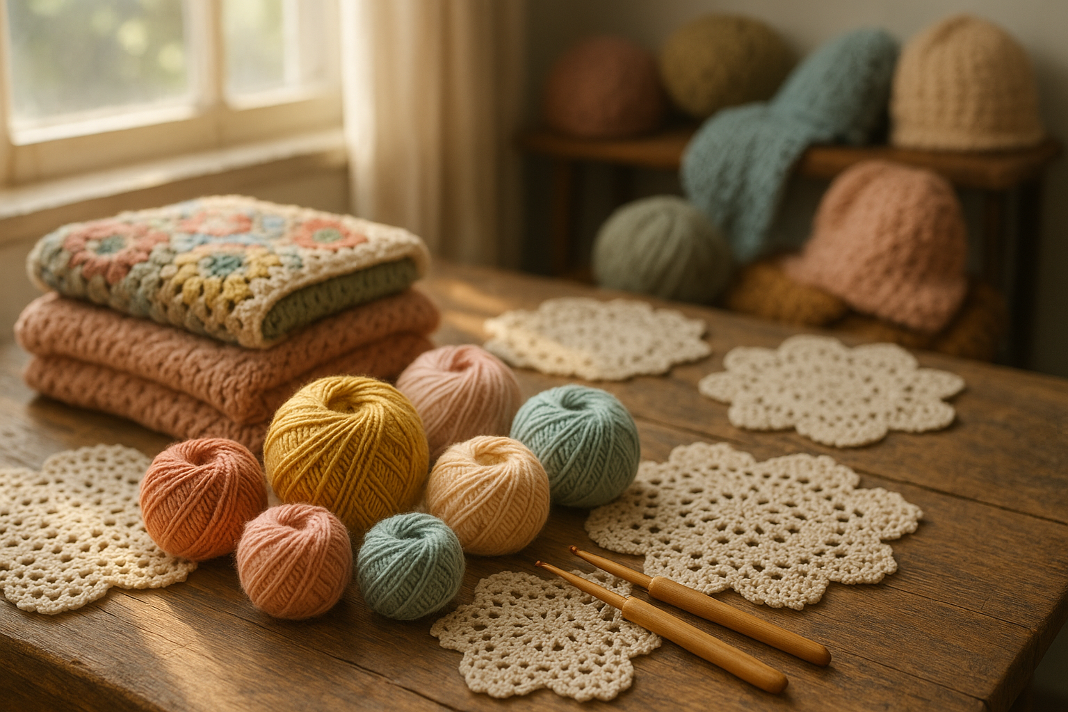 Beautiful crochet scene with colorful yarn, finished projects, and crafting supplies arranged on a rustic wooden table with warm natural lighting